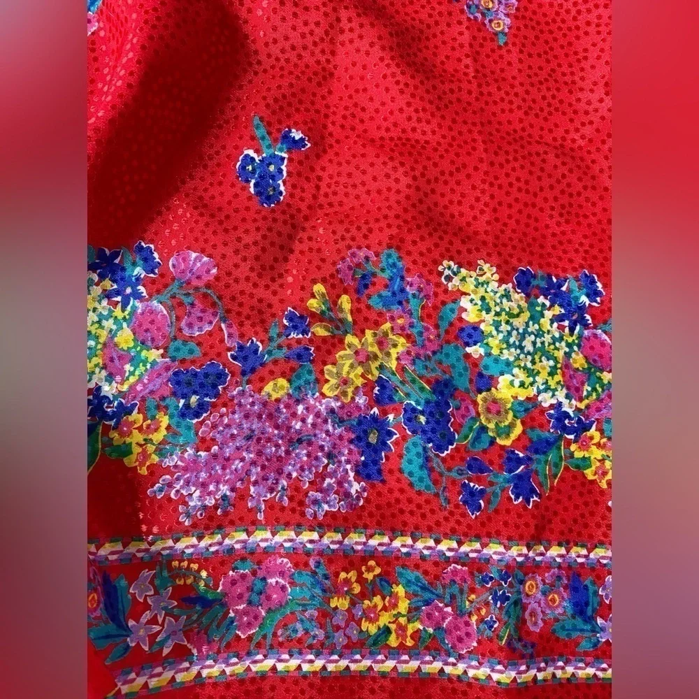 Handmade Red Shiny Polka Dot and Floral Midi Skirt